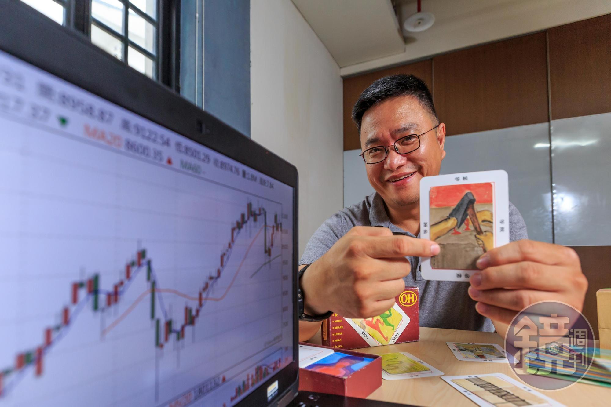 佛洛阿水拿著手上的心理卡解釋，「這是一張剁手卡，散戶看錯不賣、看對不買、看對還早賣，都該剁手」。