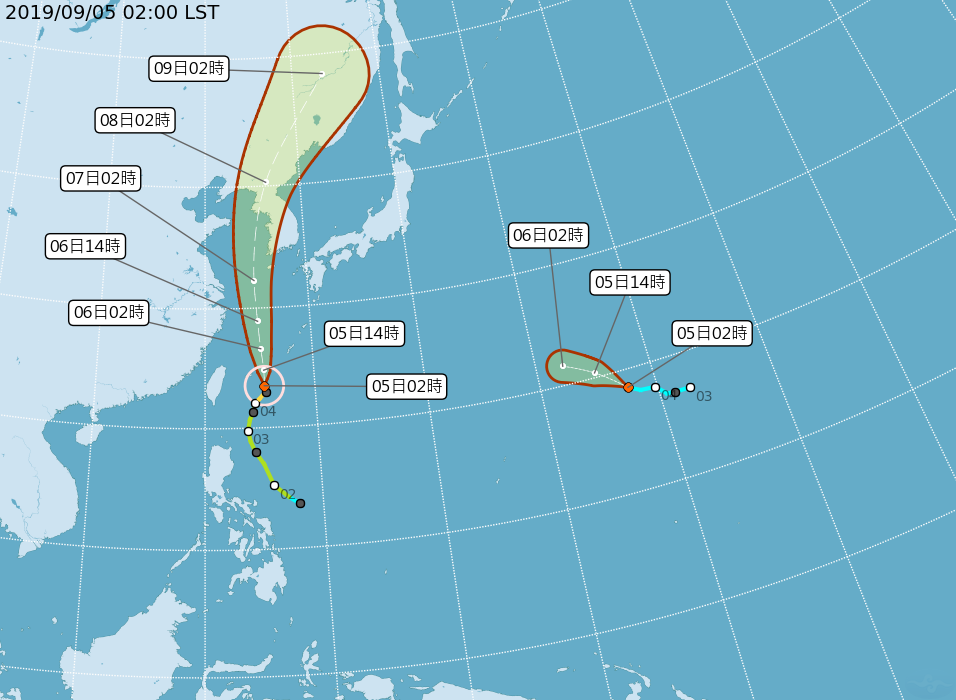 中颱玲玲以人類馬拉松的速度緩慢北上，未來會朝韓國前進。（翻攝中央氣象局）