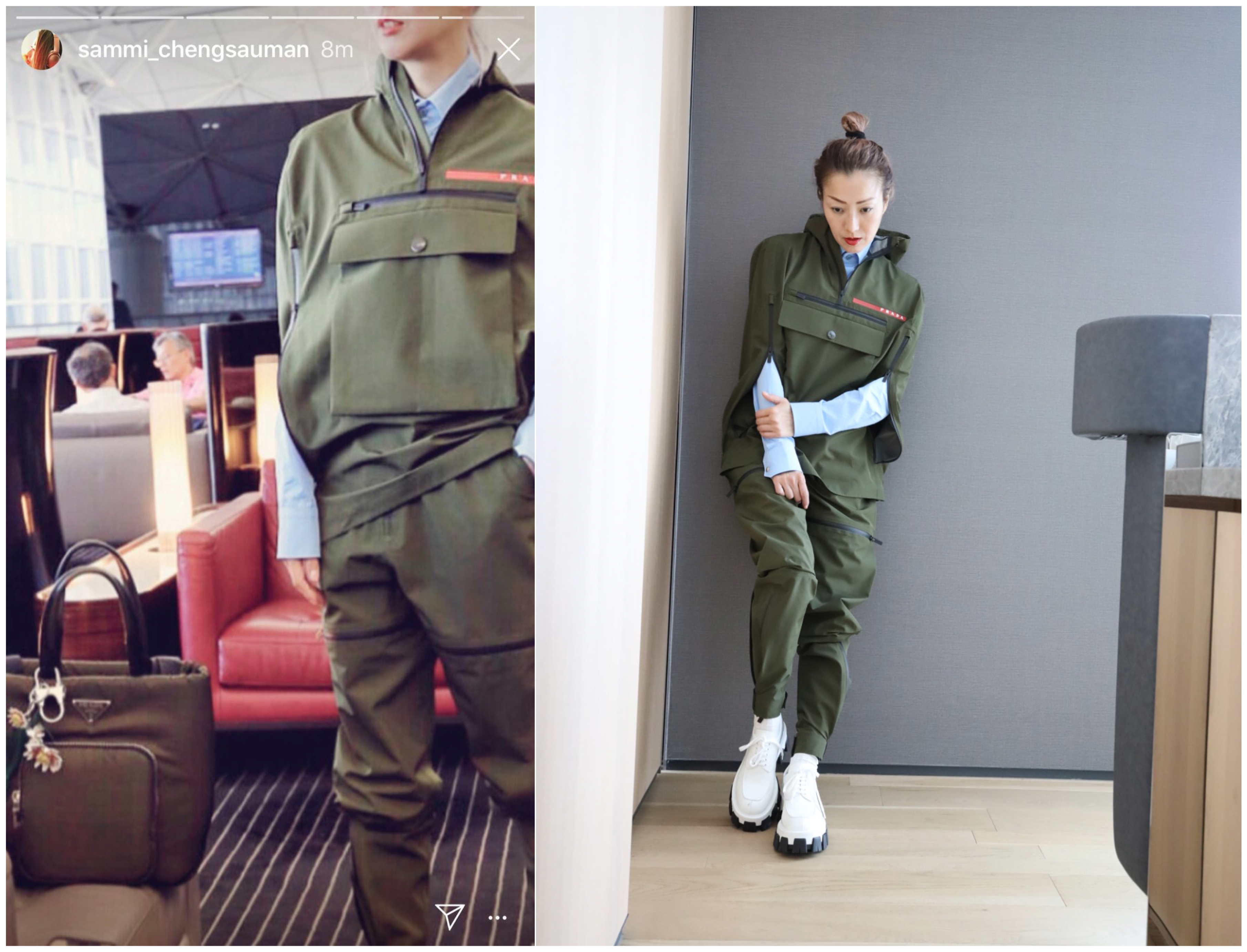 鄭秀文穿著PRADA新裝飛往高雄小港機場，為PRADA開幕活動做準備。（PRADA提供）