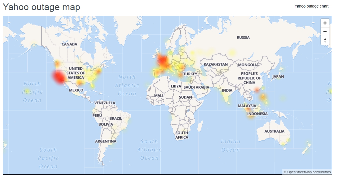雅虎大當機災情遍布全球。（翻攝自Downdetector網頁）