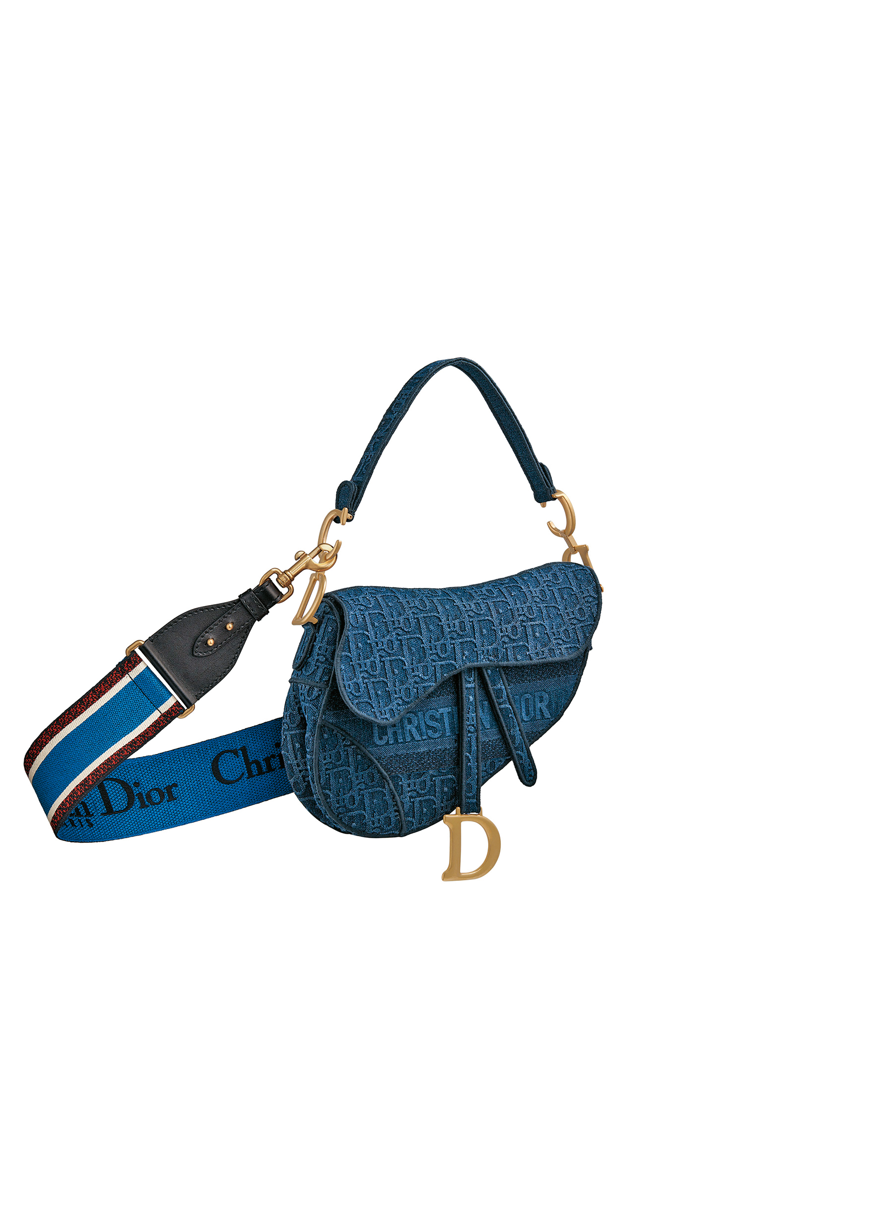 Dior Saddle Oblique丹寧斜紋刺繡帆布馬鞍包(藍色刺繡寬背帶另購)NT$120,000(Dior提供)