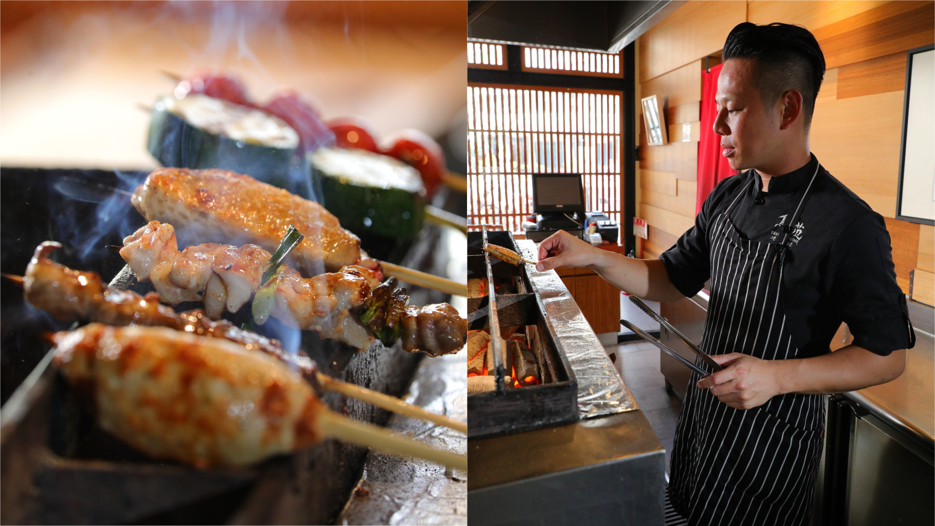 「鳥苑地雞燒」老闆兼主廚湯仲鴻（右）的烤功了得，完美掌握食材熟度。