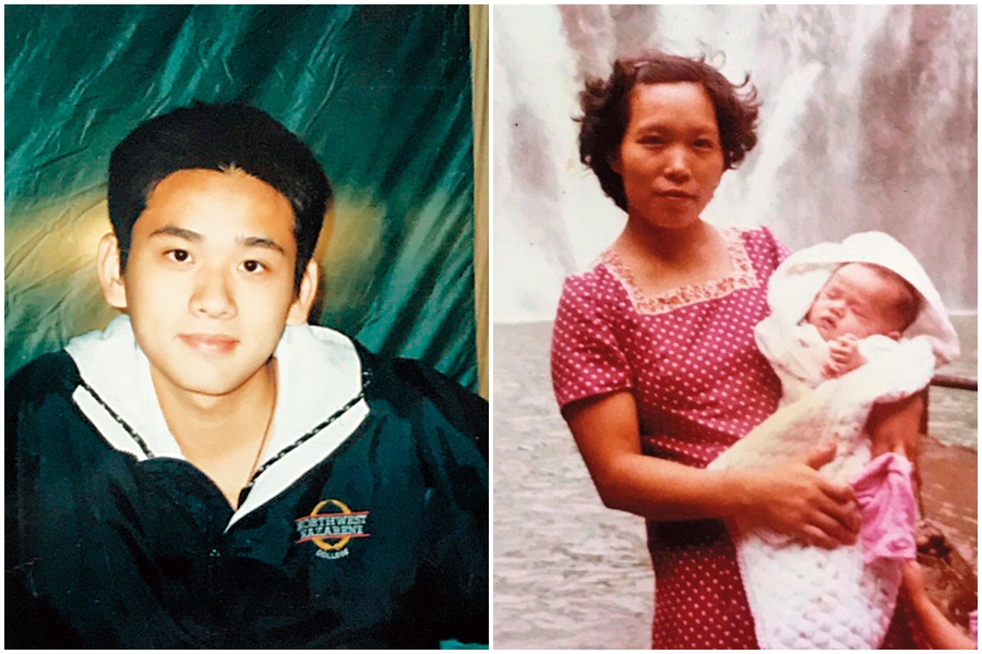 周東彥母親（右圖）清晨送報，白天在幼稚園煮點心養大3個孩子，周東彥（左圖）與她感情最親。（周東彥提供）