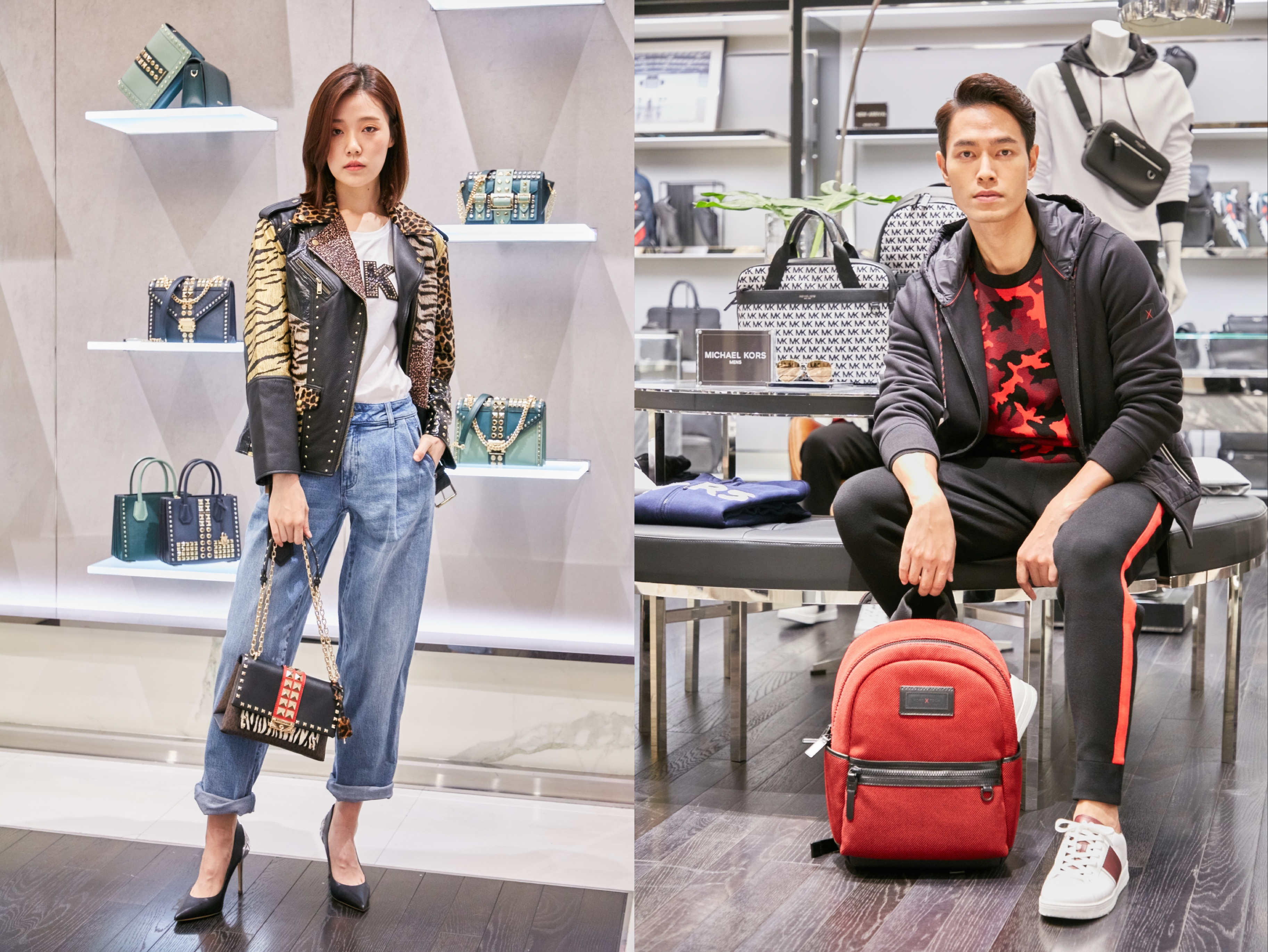 MICHAEL KORS舉辦2019秋冬新品發表會，本次女裝以Disco為主題，許多鉚釘與動物紋的混搭。而男裝則是發表KORS X TECH系列，也是首次推出運動鞋款。（女模）CECE動物紋拼接鍊包 NT$22,100、動物紋拼接夾克 NT$38,900、MK LOGO短袖上衣 NT$3,800、寬版水洗牛仔褲 NT$6,600、黑銀高跟鞋 NT$7,100（男模）KORS X TECH系列雙肩後背包 NT$13,800、黑色連帽外套 NT$9,300、迷彩衛衣 NT$8,900、黑底紅條紋窄管長褲 NT$8,900、Tyler條紋小白鞋 NT 8,300（MICHAEL KORS提供）