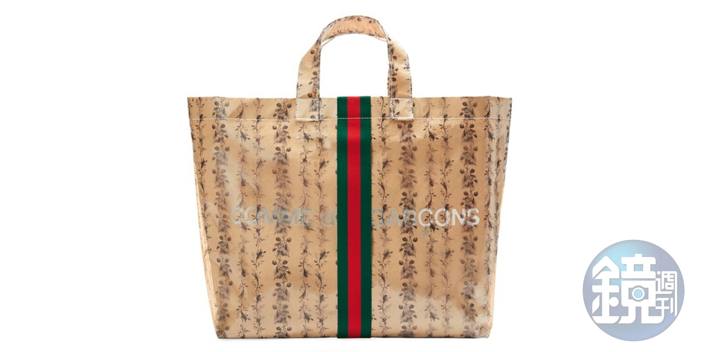 GUCCI與COMME des GARÇONS第二次聯名推出托特包，這次比上次多了經典的花卉圖案。（GUCCI提供）
