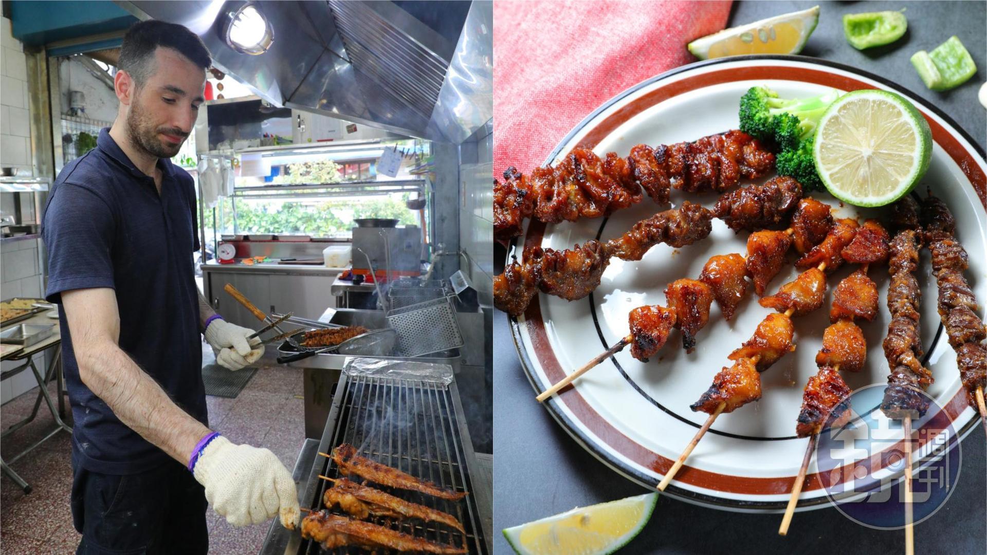 Marco雖是義大利人（左），卻表現出百分百的台灣味BBQ，特別是雞屁股，油脂豐富，無異味，好吃。（圖右，左至右：「雞皮」35元／串、「雞胗」30元／串、「雞屁股」25元／串、「雞心」30元／串。）