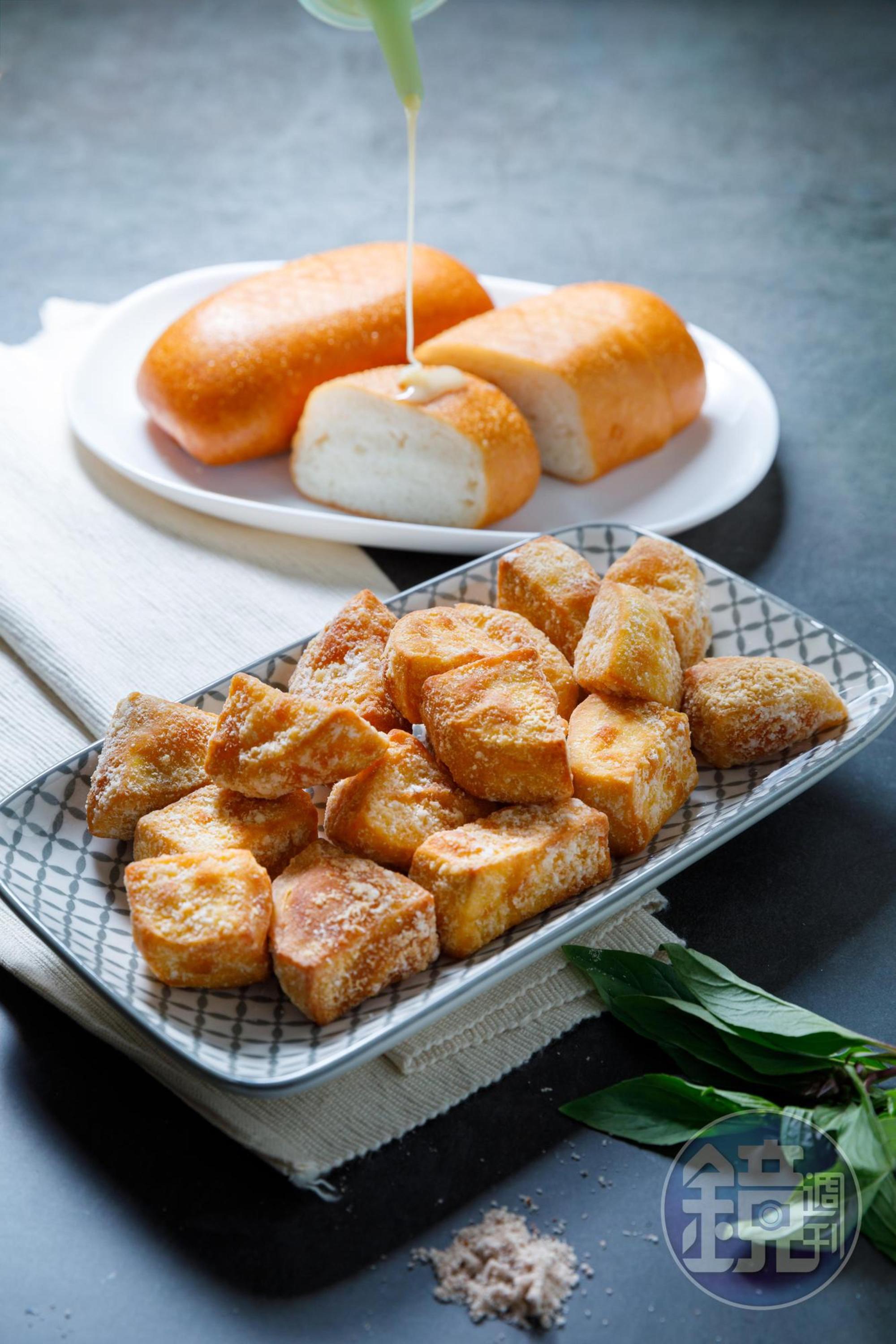 買來台農57號地瓜手削、裹粉的「地瓜薯條」（前，30元／份，圖為2份），鬆綿甜香。「銀絲卷」（後，40元／個）與煉乳的組合，根本無法抗拒。