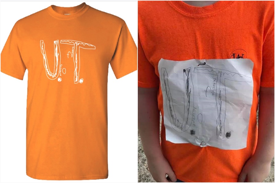 美國一名小學生手繪大學校T（右）卻遭到霸凌，後來校方採用設計變成官方T恤（左）。（翻攝自twitter／臉書）