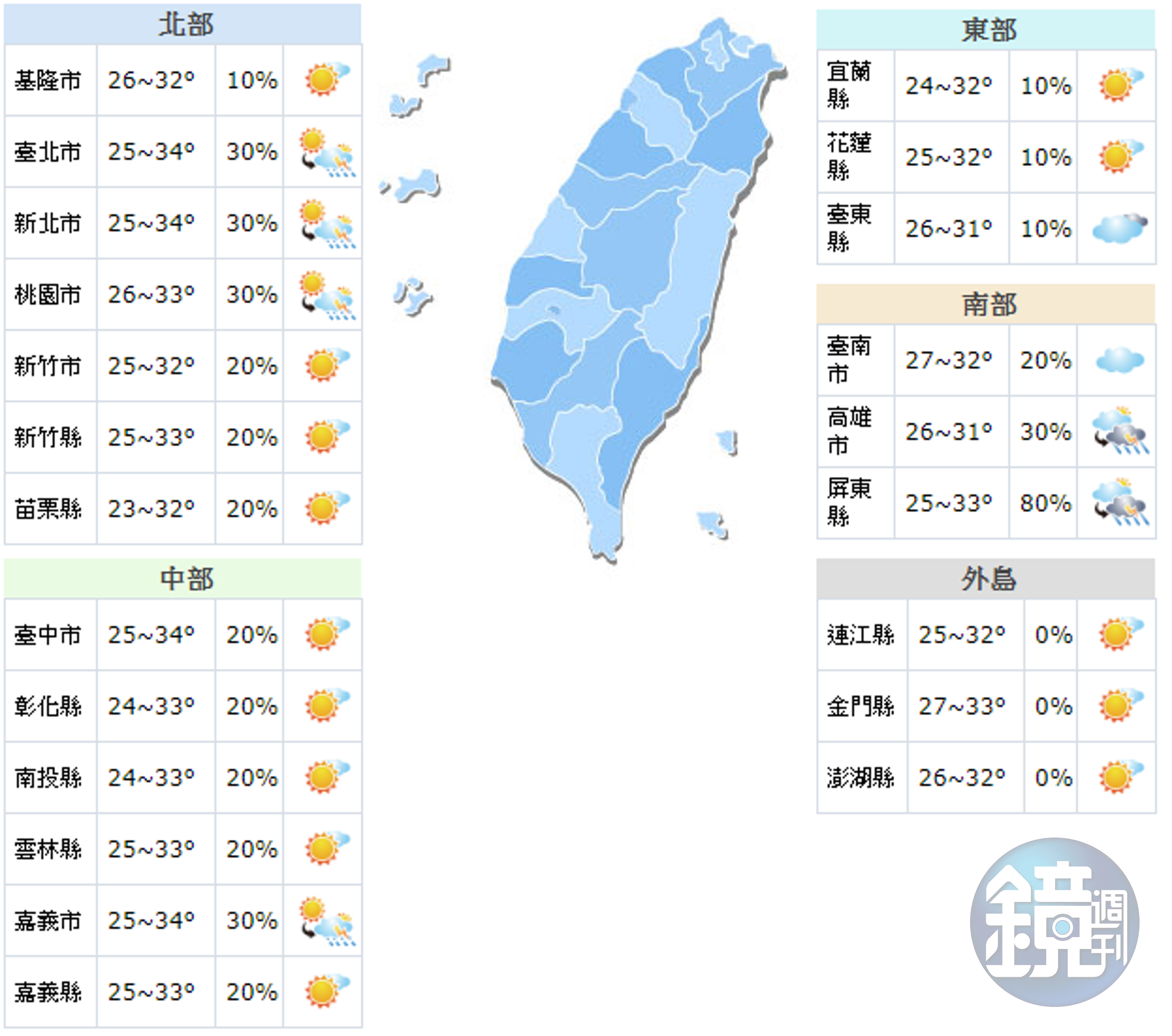 全台各地天氣概況。（翻攝中央氣象局）