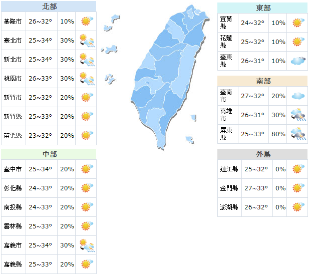 全台各地天氣概況。（翻攝中央氣象局）