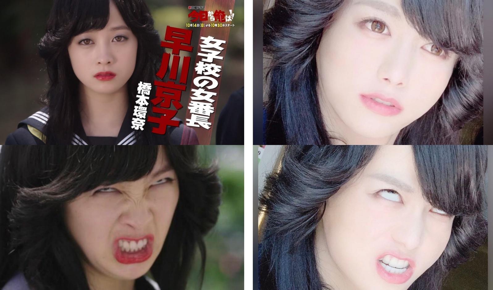 泉克里斯神還原橋本環奈在《我是大哥大》的扮相與表情，連粉絲都分不出來。（左為網路照片，右翻攝自泉克里斯IG）