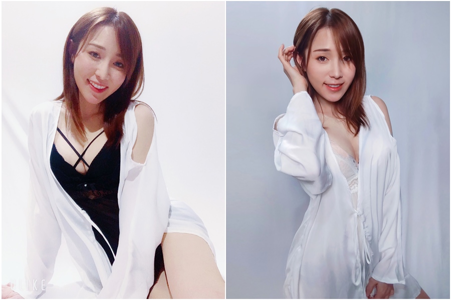 劉芷伊特地換上性感睡衣拍照，送給粉絲當作福利，另一套馬甲超殺睡衣，讓她的渾圓E奶和深溝完全露出。（劉芷伊提供）