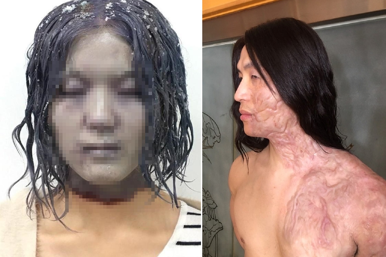 吳翔震（右）在電影《緝魔》飾演變態殺人魔，化上大片的燒燙傷特效妝。莊承梅（左）則被化成一顆精緻的人頭，躲在冰箱裡。（翻攝自Zoe Cheng 程薇穎特效化妝臉書）