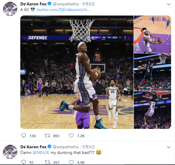 Fox不滿自己的灌籃能力只被評為60分。（翻攝twitter：De'Aaron Fox）