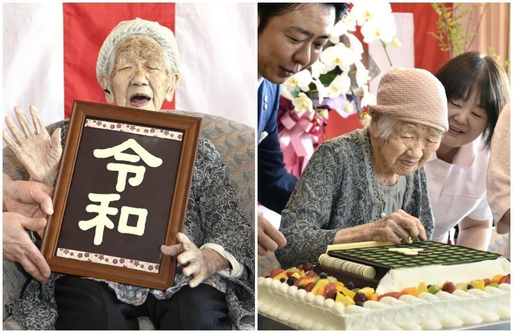 116歲的田中阿嬤在日本老人日前,接受福岡市政府帶來的大型巧克力蛋糕。(左圖翻攝自共同通信社、右圖翻攝自產經新聞)