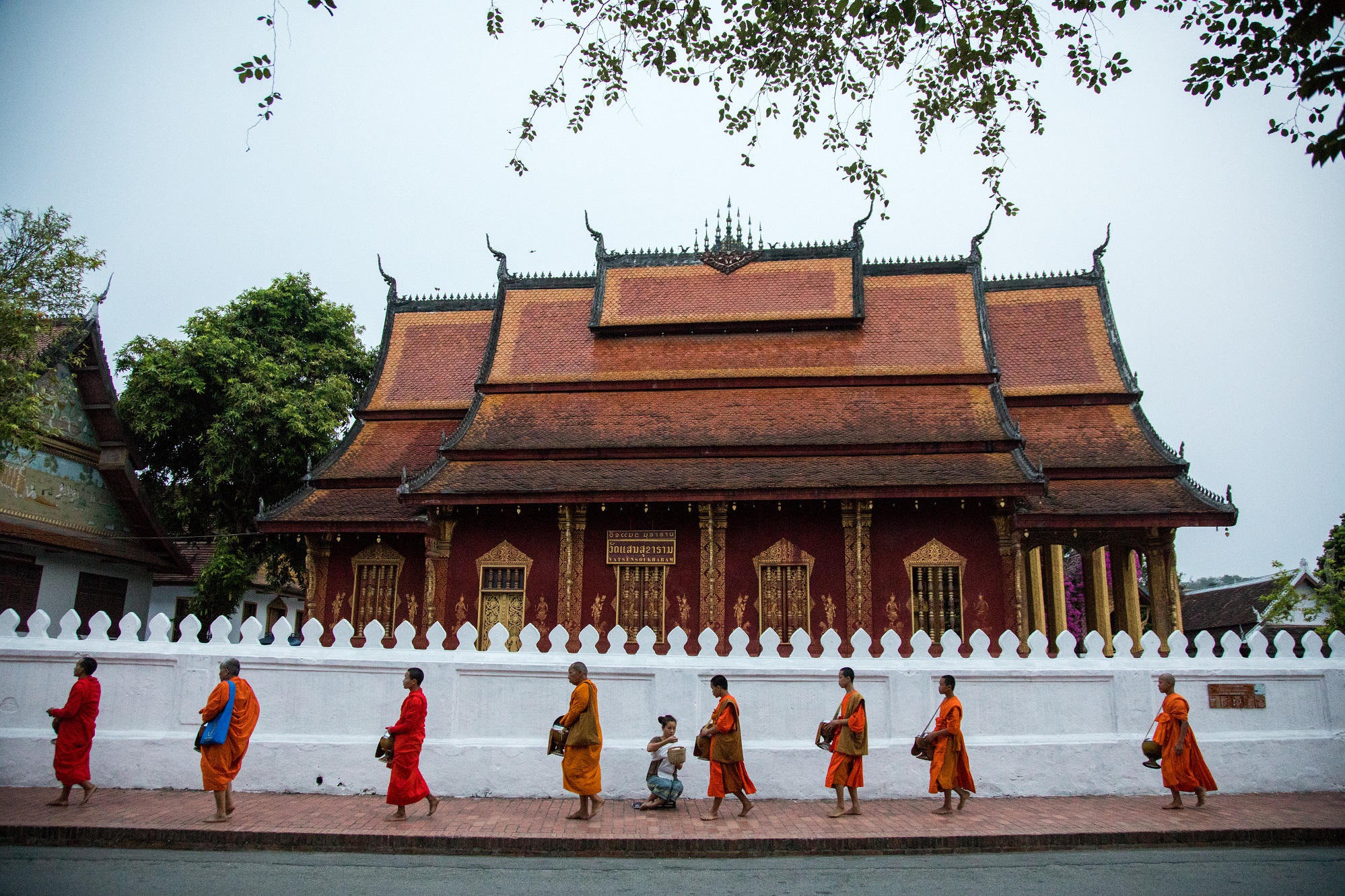 龍坡邦的每一座寺院和道路，清晨幾乎都會有僧侶經過，在地人跪坐於地，專心奉養。