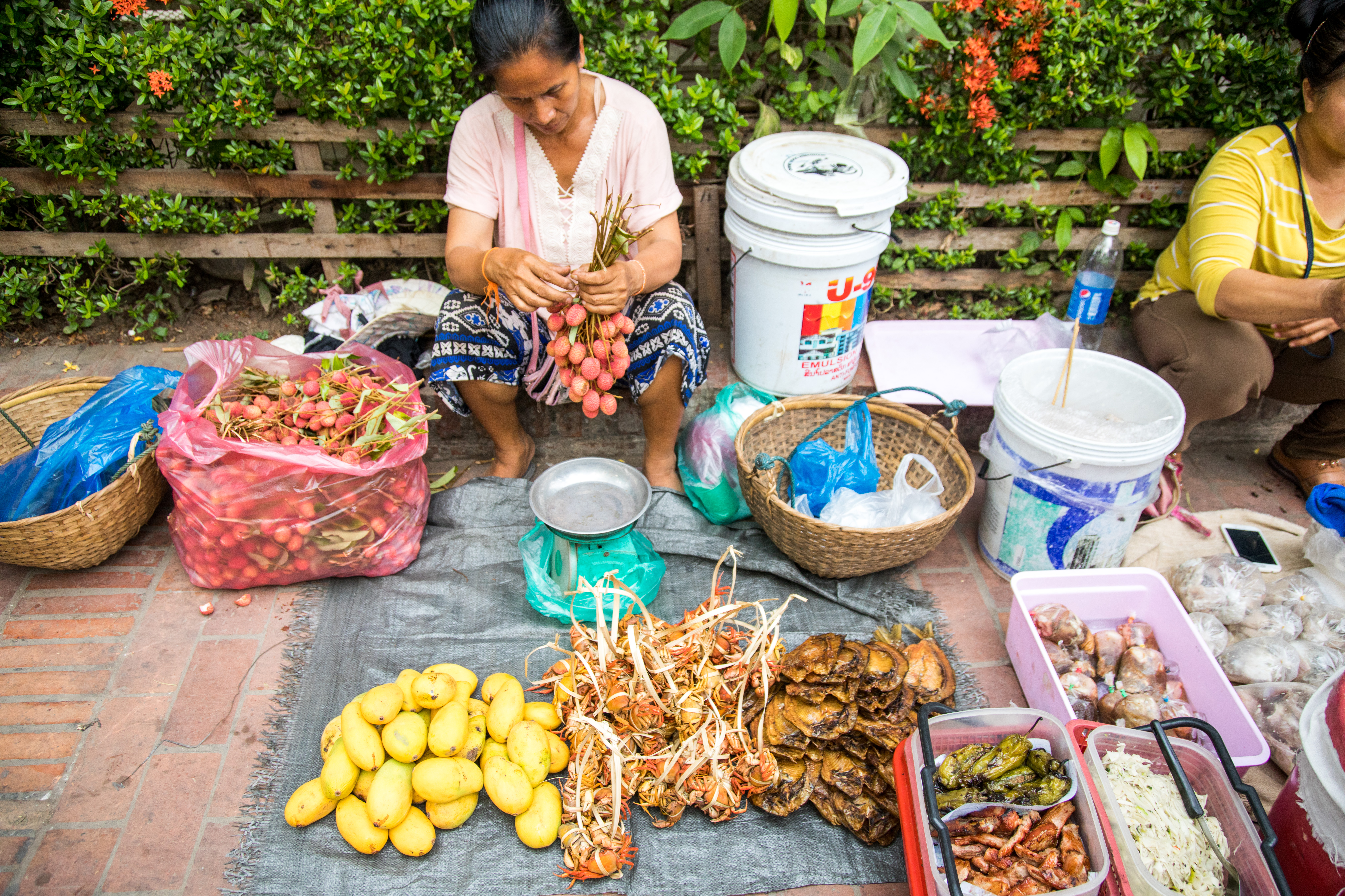 寮國市場內可以見到各種不同的攤位，販售商品與台灣差異很大。