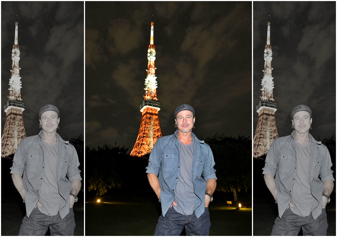 布萊德彼特為新作《星際救援》赴日打片，還特別前往東京鐵塔，留下同框合影。（双喜提供）