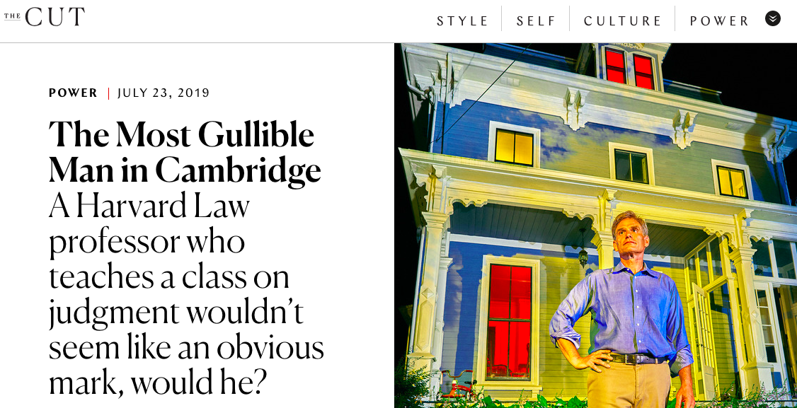遭詐騙的哈佛教授布魯斯‧海伊，近期成了美國媒體話題人物。（截自The Cut網站）