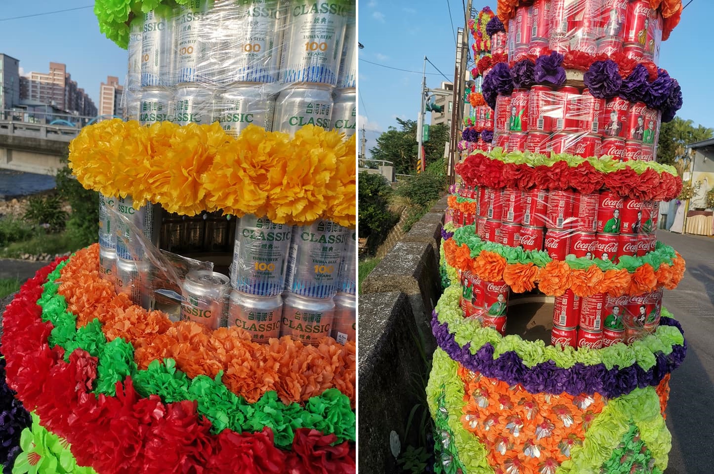 喪禮使用的罐頭塔被人挖去偷喝，讓喪家氣到PO上網控訴。（翻攝自爆怨公社）