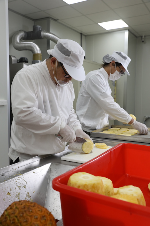 水果加工室裡的工作人員在製作果乾時要全程戴手套、㡌子，空間要保持在17度低溫，確保衛生。