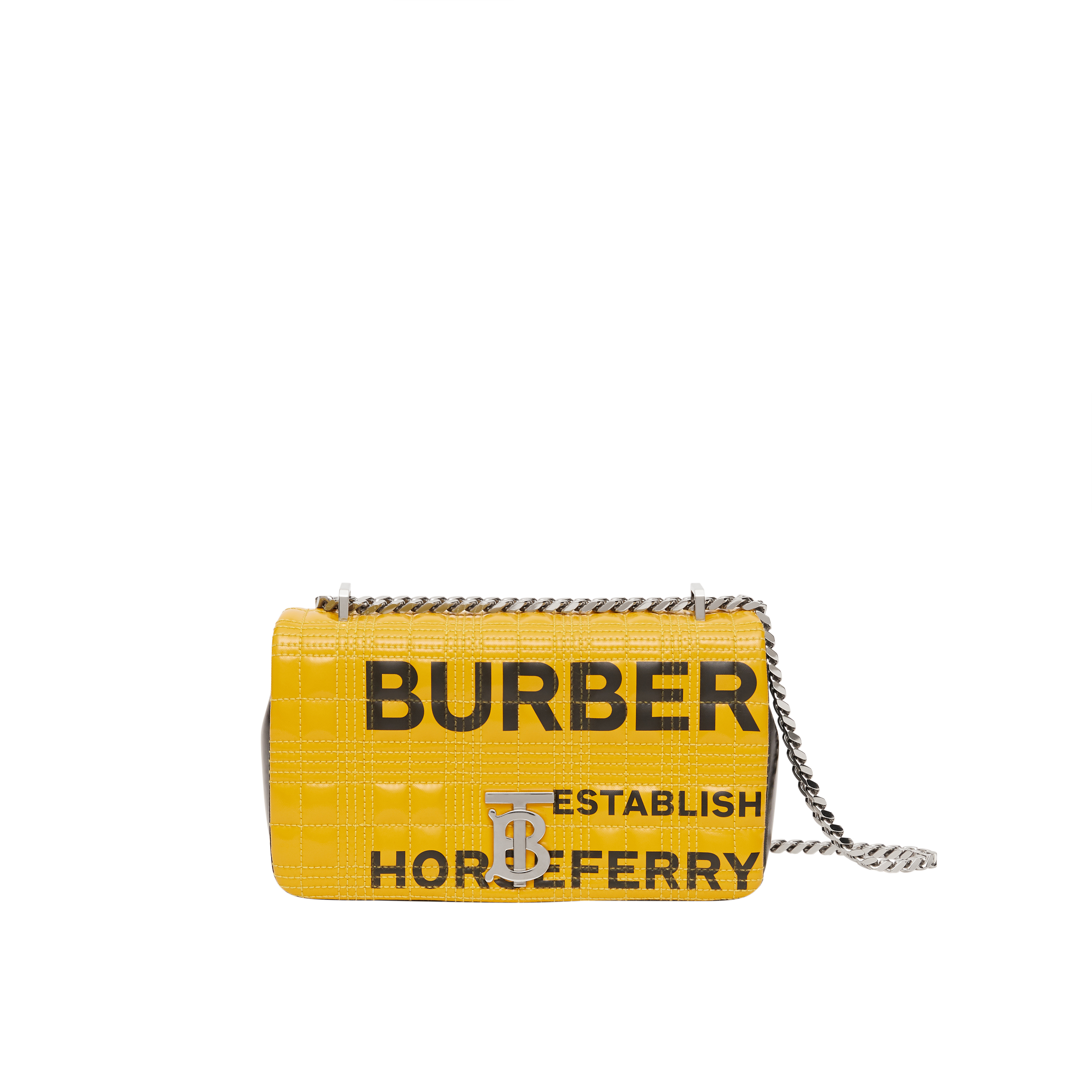 黃色小型Horseferry印花絎縫格紋Lola包。NT$55,000(BURBERRY提供)