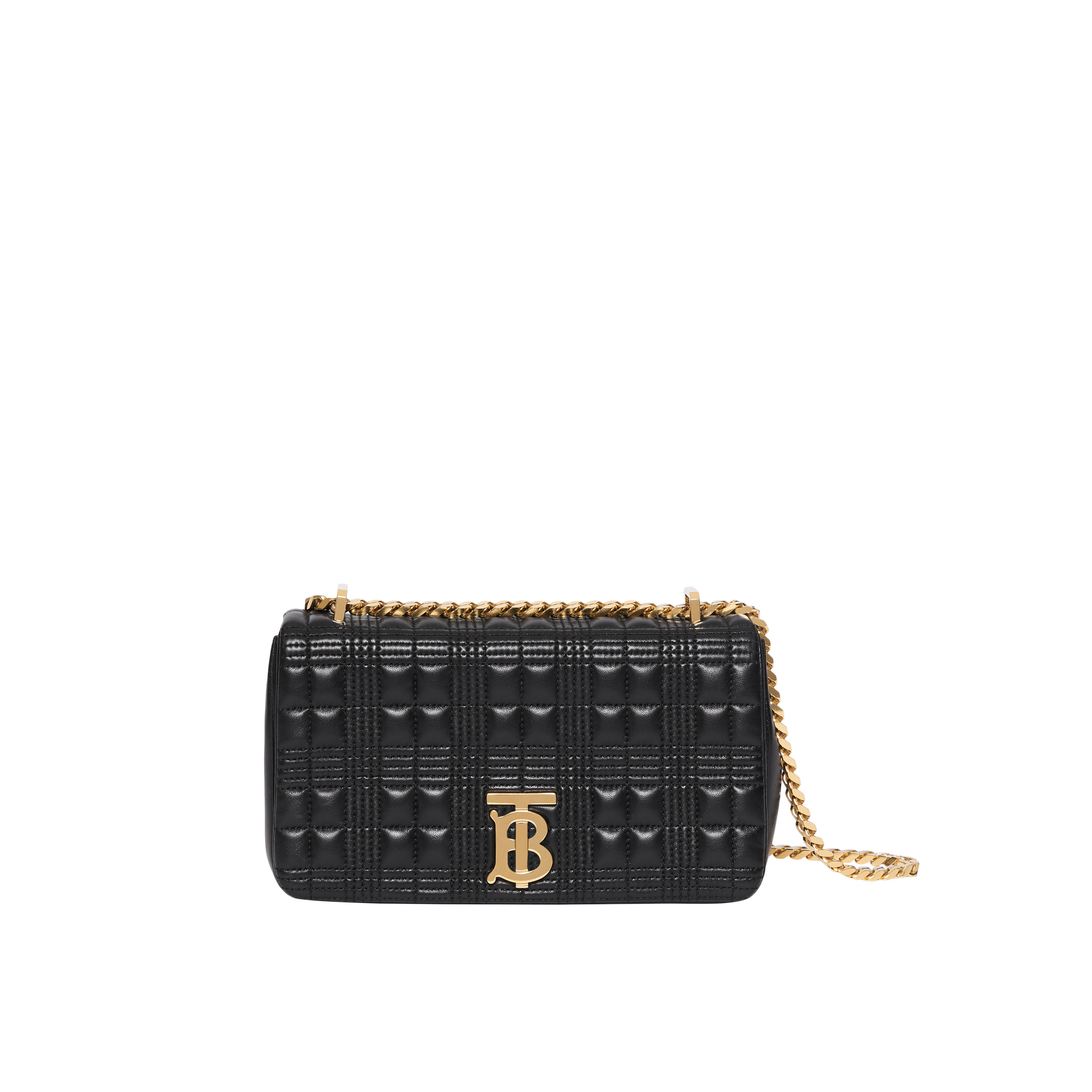 黑色飾金鍊小型絎縫格紋羔羊皮Lola包。NT$55,000(BURBERRY提供)