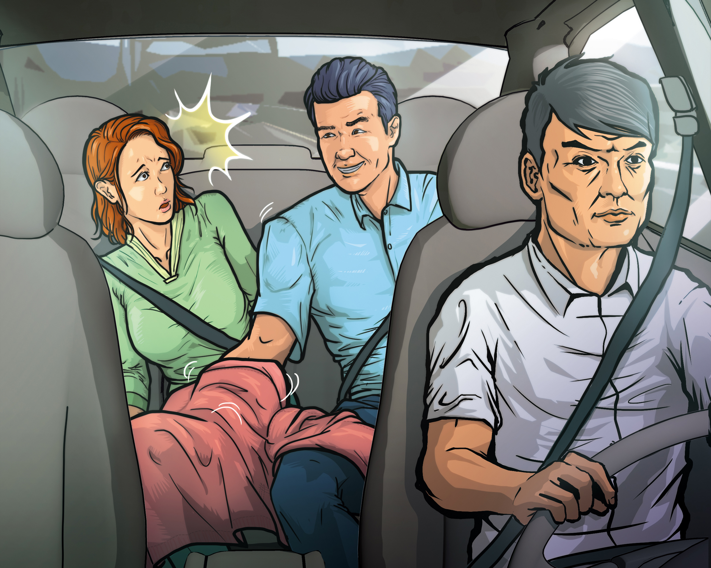 阿強用外套蓋在小美身上，再將手偷偷伸進外套內，隔著褲子撫摸小美大腿及私處，坐在駕駛座開車的主管渾然不知。