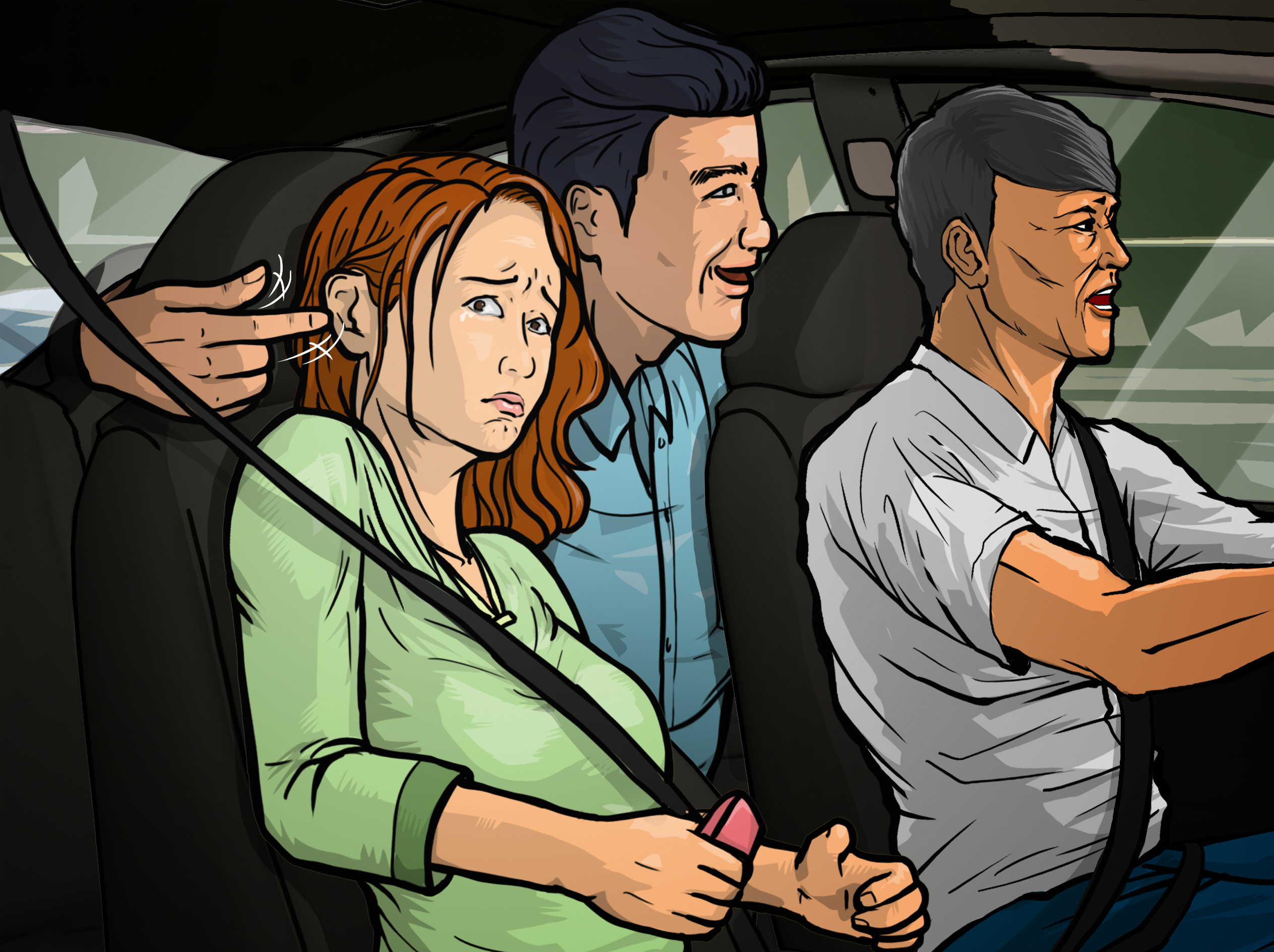 小美換到前座後，阿強坐在後座中間，假裝和主管聊天，另隻手卻不斷偷摸小美的臉部及耳朵，小美嚇傻，只能頻頻閃躲。