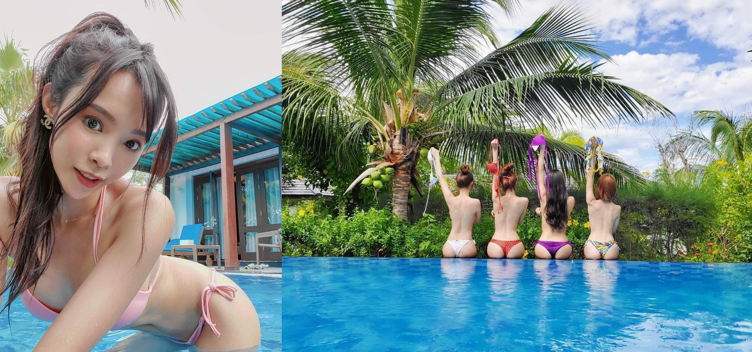茵茵（左圖）分享與閨密們的上空照。陳夢晨（左起）、林采薇、茵茵、夏語心脫掉比基尼在越南大解放（右圖）（翻攝自茵茵IG）