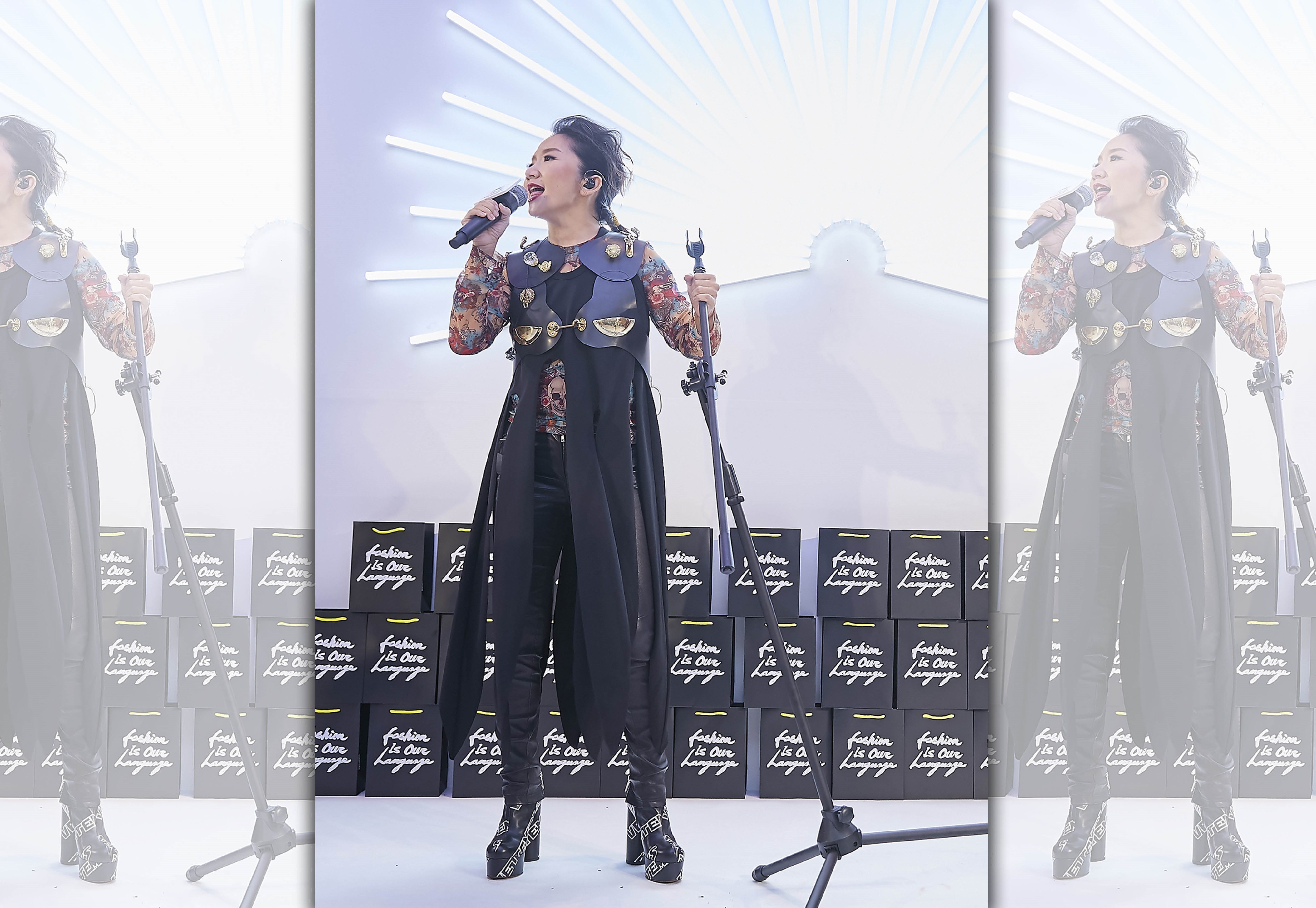 陶晶瑩昨（17日）為團團微風南山店開幕獻唱。COMME DES GARÇONS骷顱頭圖騰貼身衫，價格店洽；COMME DES GARÇONS拼接金屬裝飾皮革背心，價格店洽；COMME DES GARÇONS黑色流蘇長版連身衣，NT$14,800。（團團提供）