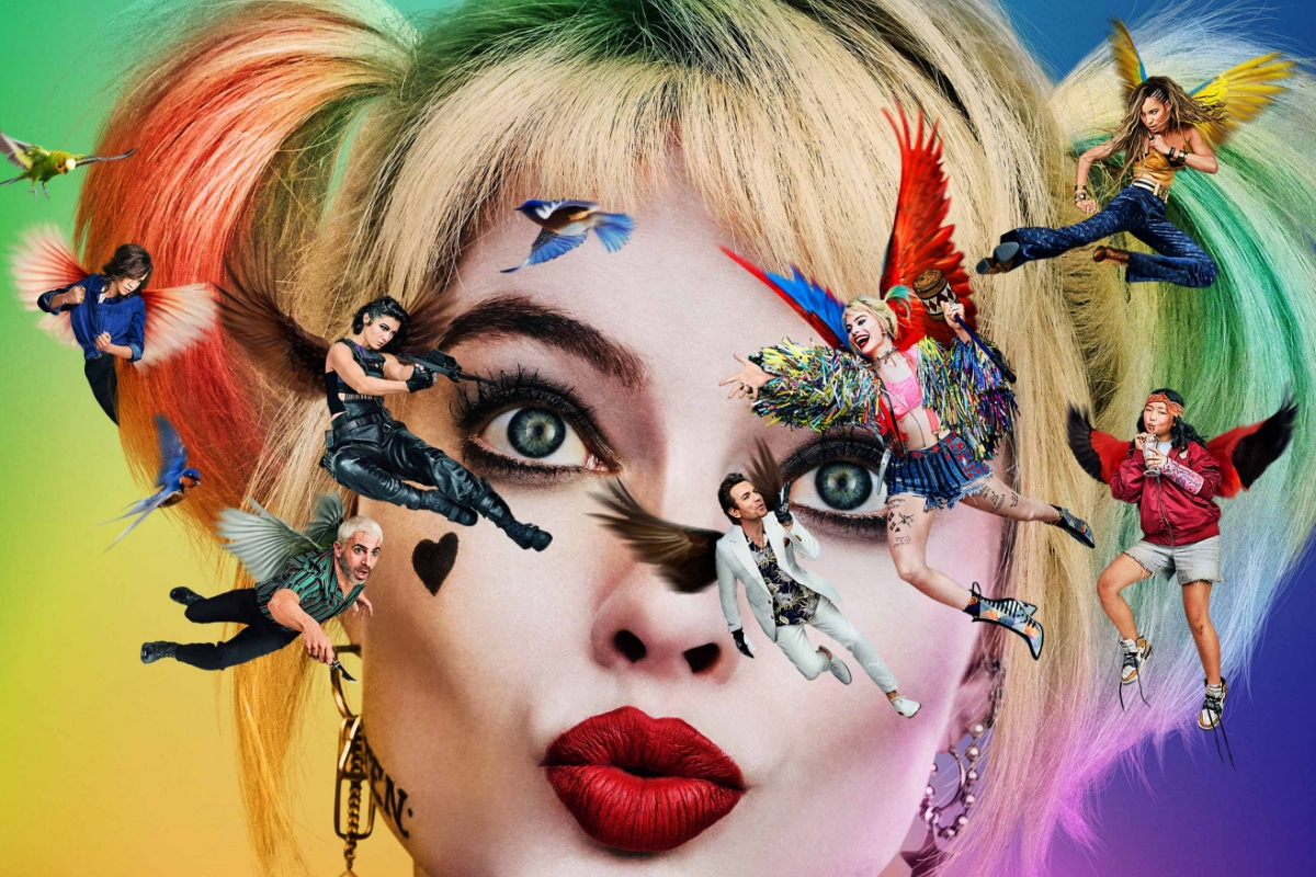 小丑女放空的表情，臉部周圍都是縮小版、還長出翅膀的人物圍繞著，暗示《猛禽小隊：小丑女大解放》會是一部充滿瘋狂的電影。（華納兄弟提供）