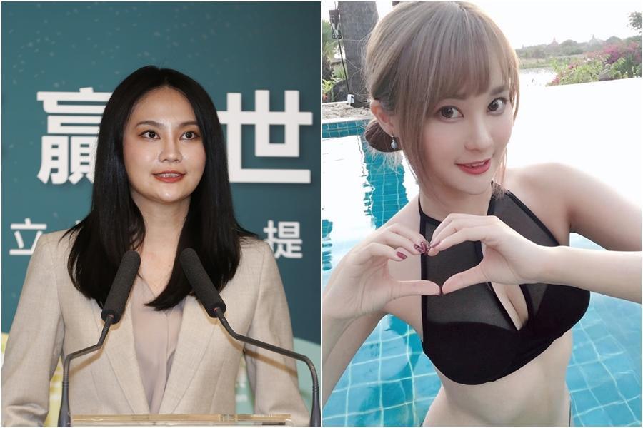 賴品妤代表民進黨參選新北市汐止區立委,因為致詞鞠躬時,不小心將頭插進麥克風爆紅,網友也挖出她的性感泳裝照。(左圖本刊資料照、右圖翻攝自賴品妤臉書)