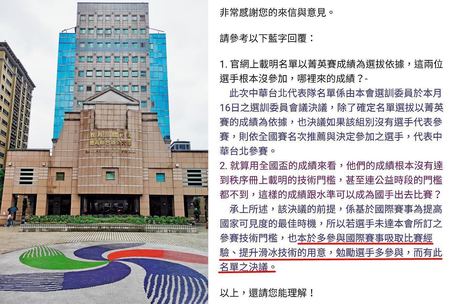 滑冰協會位於體育署6樓,最近才因把經典賽主辦權讓給中國被罵翻。而家長質疑國手選拔不公,冰協竟回覆「鼓勵性質」惹惱家長。(讀者提供)