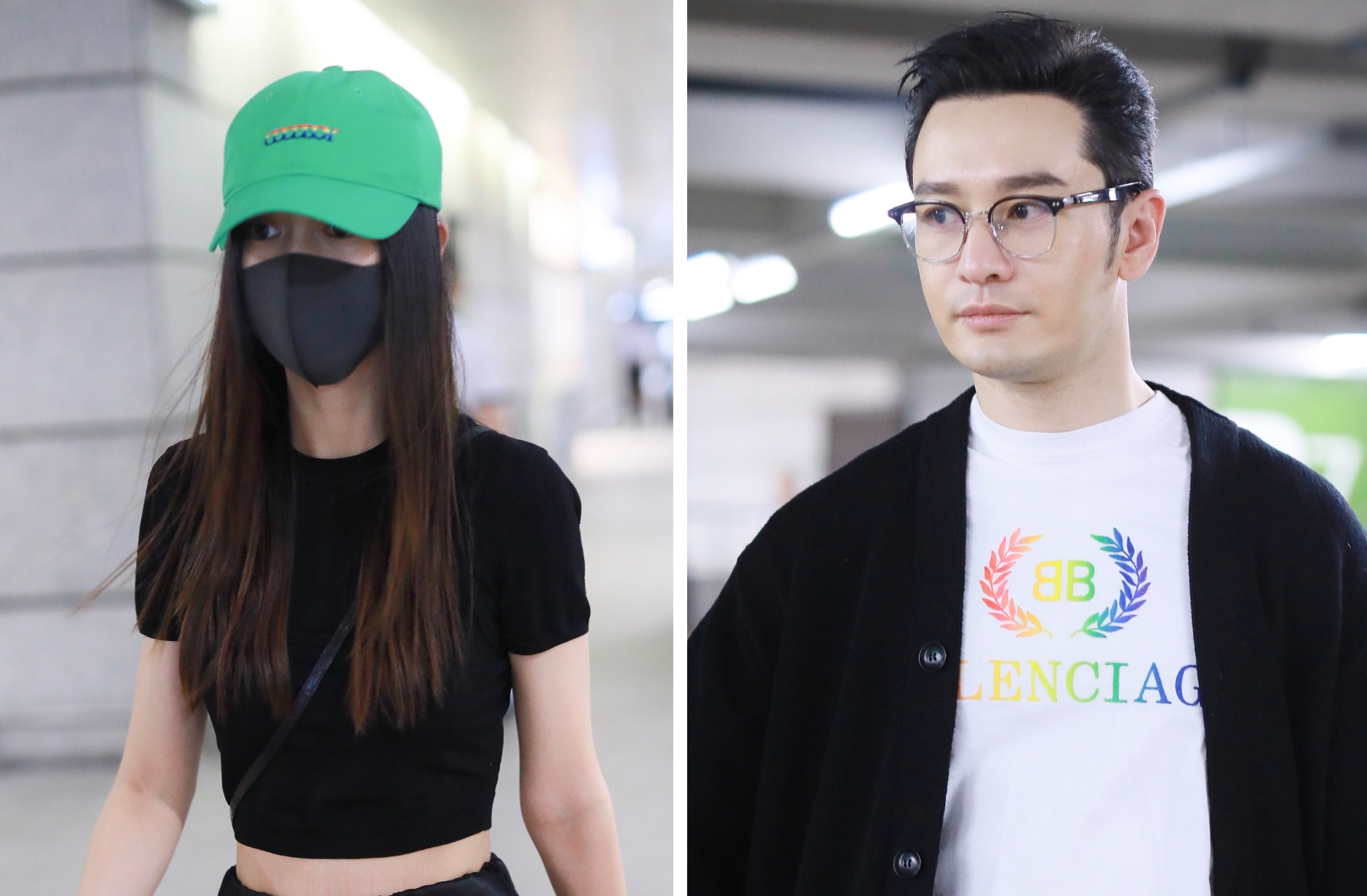 黃曉明與Angelababy一前一後走出機場，兩人硬是不同框。（東方IC）