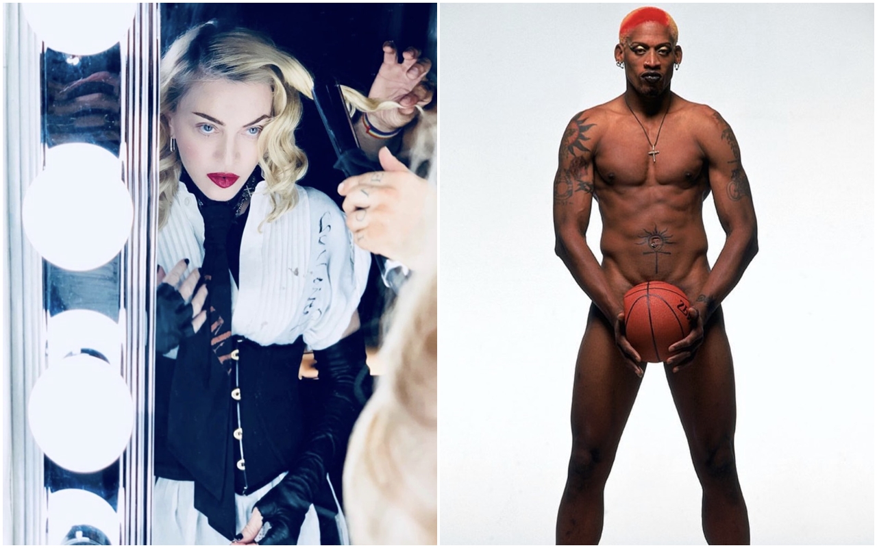 NBA前球星「籃板王」羅德曼（Dennis Rodman，右）接受電台節目，大爆瑪丹娜（左）當年如讓她懷孕可得2,000萬美元（約台幣6億元）酬勞。（翻攝自瑪丹娜IG／羅德曼IG）