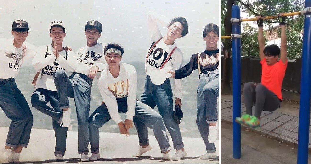 王海輪（左圖左3）闊別演藝圈18年，近來為復出音樂會勤跑戶外健身（右圖）。（翻攝自紅孩兒臉書／讀者提供）