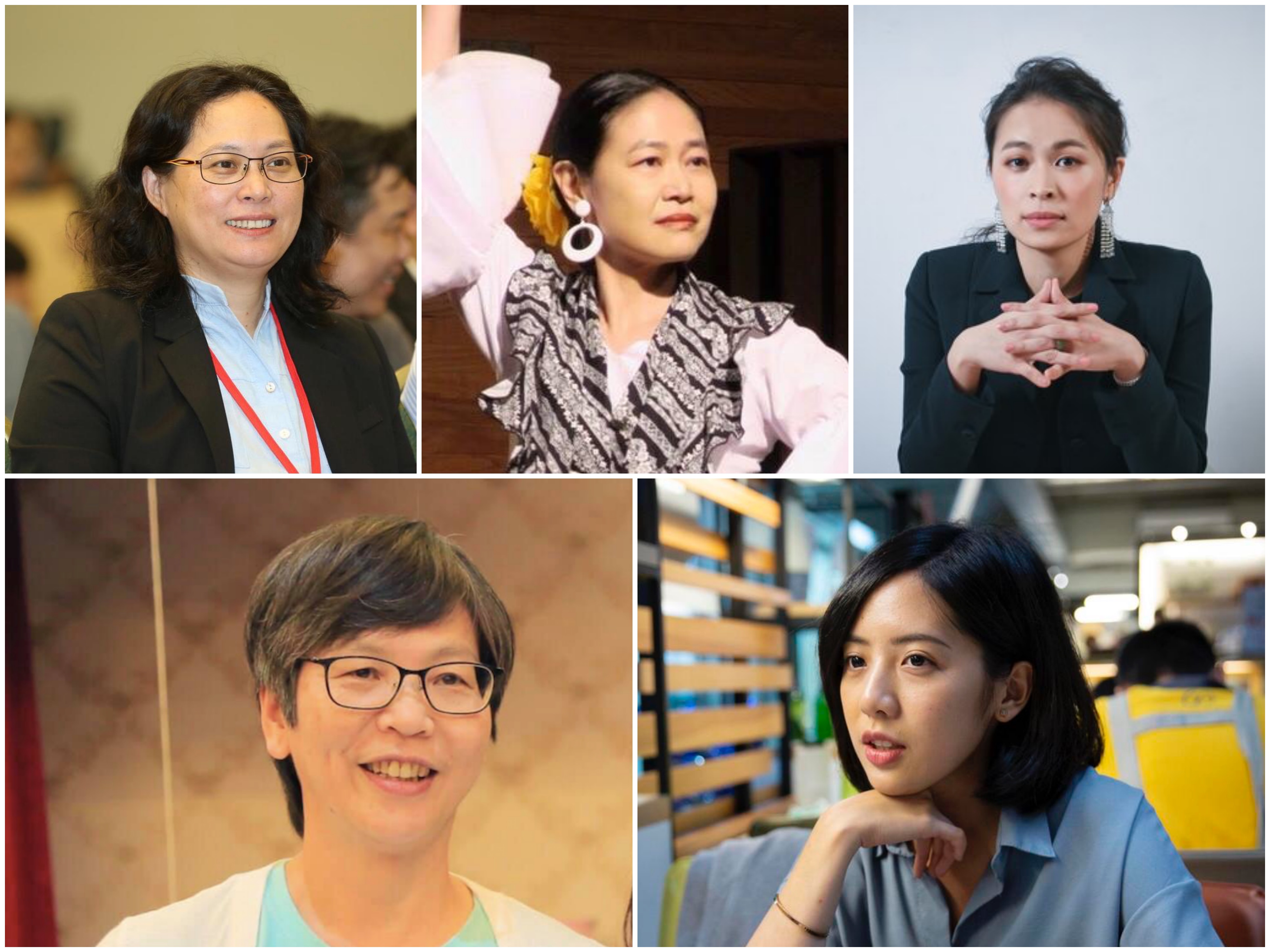 台北市勞動局局長賴香伶（上左）、台經院所長孫智麗（上中，翻攝自孫智麗臉書）、女人迷執行長張瑋軒（上右，翻攝自女人迷網站）、北市府顧問蔡壁如（下左）和北市副發言人黃瀞瑩（下右）為柯家軍不分區女力前5強。