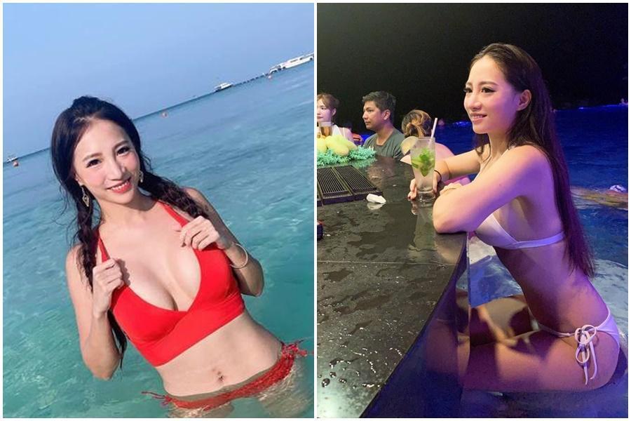  「蛇姬」林采緹日前到菲律賓長灘島度假，在海邊解放好身材，在泳池酒吧穿上粉色比基尼。（翻攝自林采緹臉書）