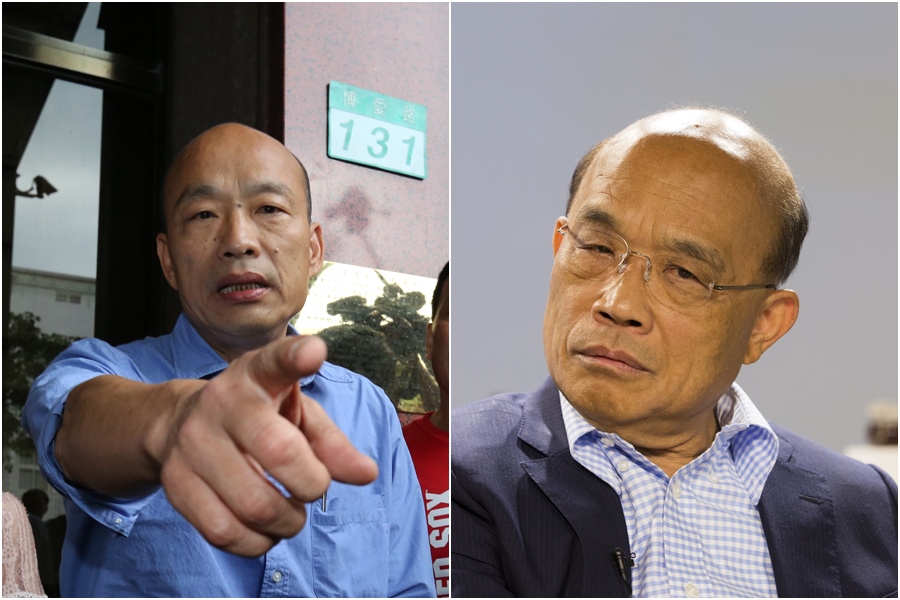 韓國瑜（左）昨（23日）晚開直播怨中央醜化高雄，導致沒人敢來高雄觀光；蘇貞昌（右）對此回應，好像什麼都是別人的錯。