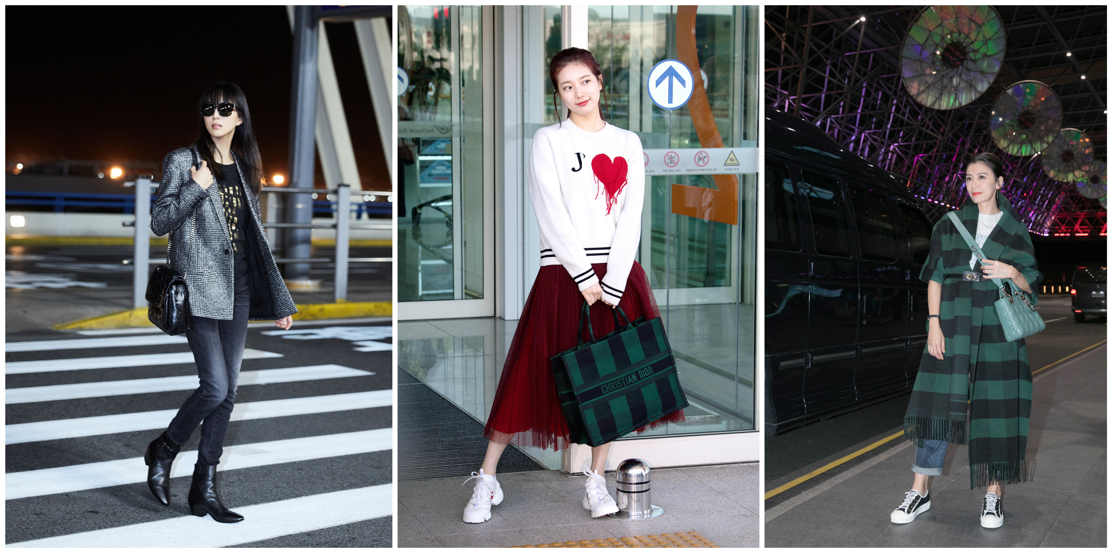 賈靜雯、張鈞甯、秀智三人巴黎時裝週還沒開跑，已經先在機場造成話題。（DIOR、SAINT LAURENT提供）