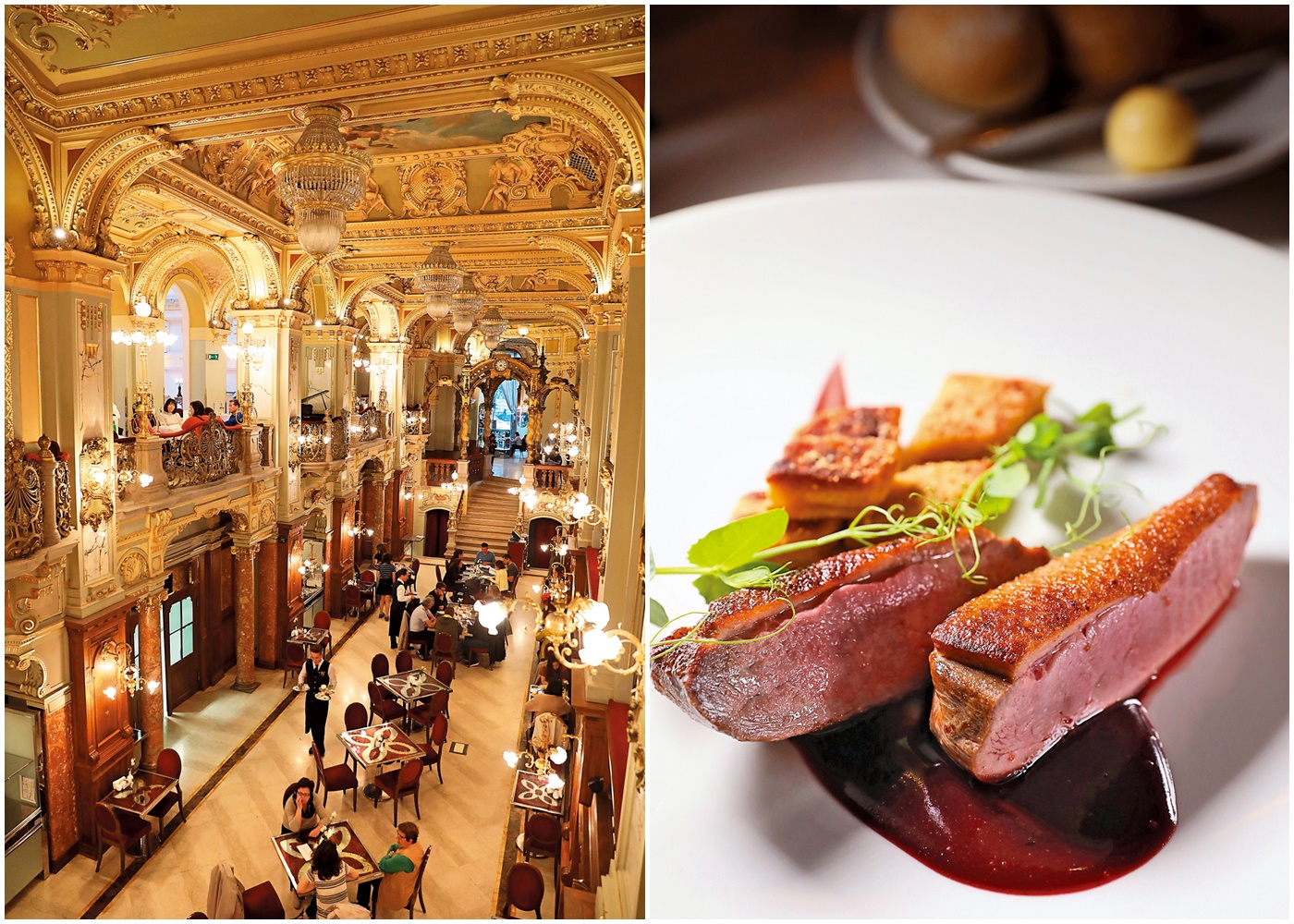 （左圖）「紐約宮殿咖啡」以富麗堂皇的建築風格吸引遊客前往；（右圖）其招牌「烤鴨胸」口感柔嫩，是相當受歡迎的主菜。（7,150匈牙利福林／份，約NT$794）