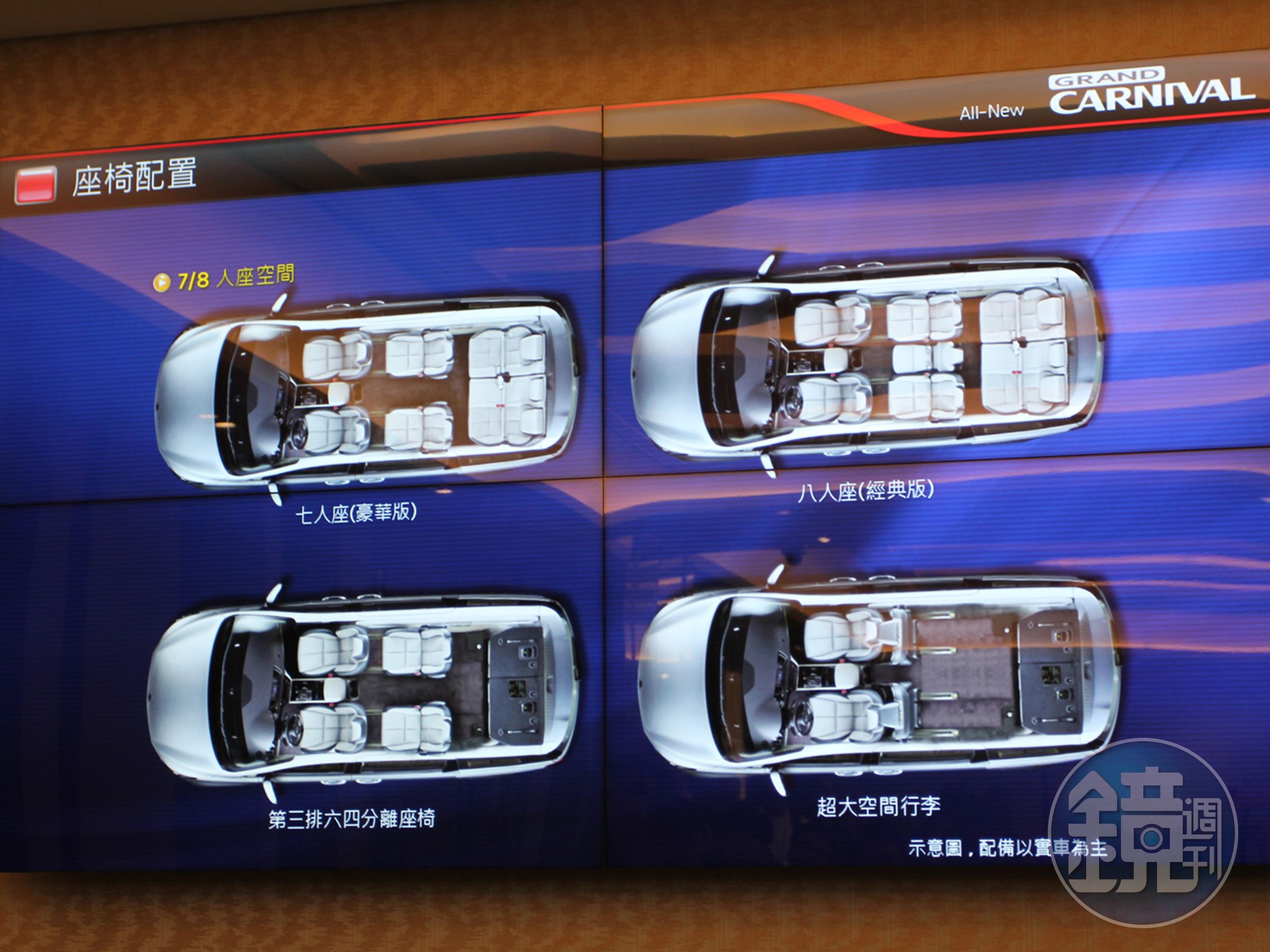 GRAND CARNIVAL以標準MPV 7/ 8位成人座位設定，並採用劇院式座椅設計，確保每一排乘員都能享有極佳的視野和乘坐感受，提供座車亦能享有超廣體商務艙的體驗。