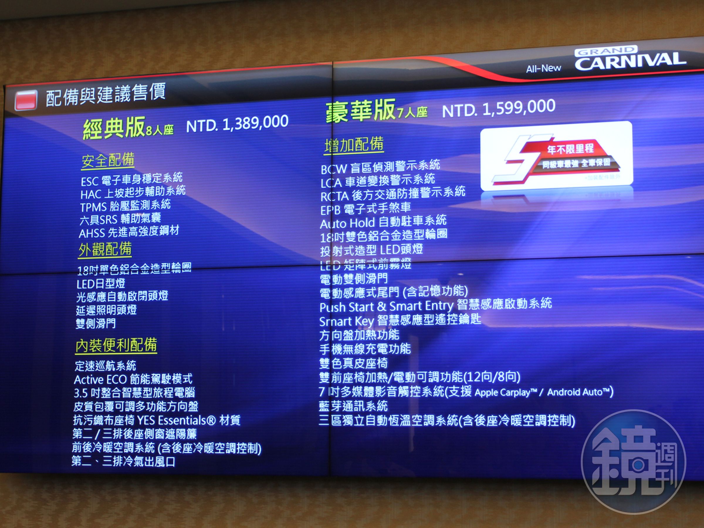 KIA GRAND CARNIVAL建議售價分別為：經典版138.9萬元，豪華版159.9萬元。