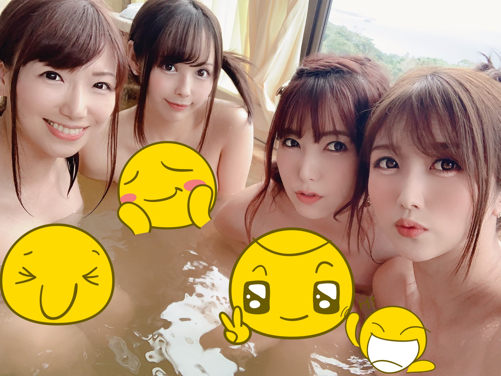 大槻響、波多野結衣、佳苗琉花與加藤綾野四人一起泡湯讓網友直呼見到天堂了。（翻攝大槻響推特）