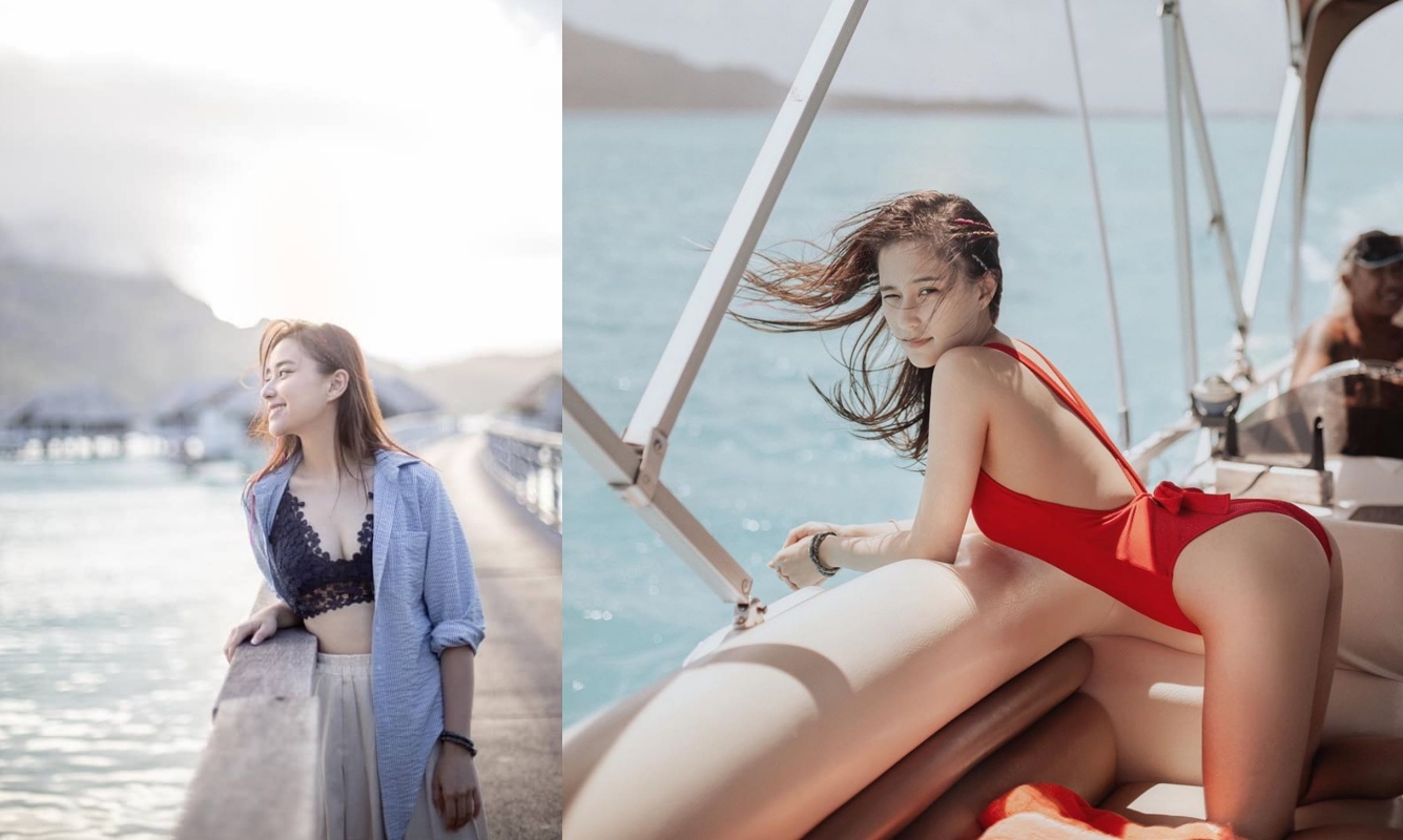 「最美千金」何超蓮在海島度假，一身紅色泳裝讓她好身材顯露無遺。（翻攝自何超蓮IG）