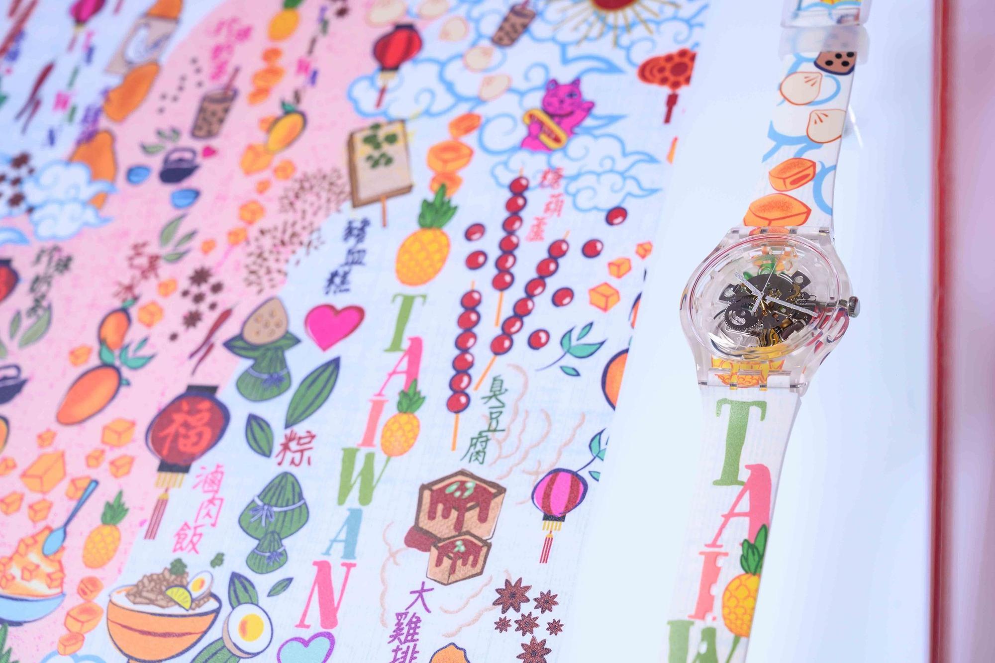 針對SWATCH X You快閃店限時推出的台灣限定畫布，上頭印製著充滿濃濃台灣味意象，包括多種經典小吃，相當特別。