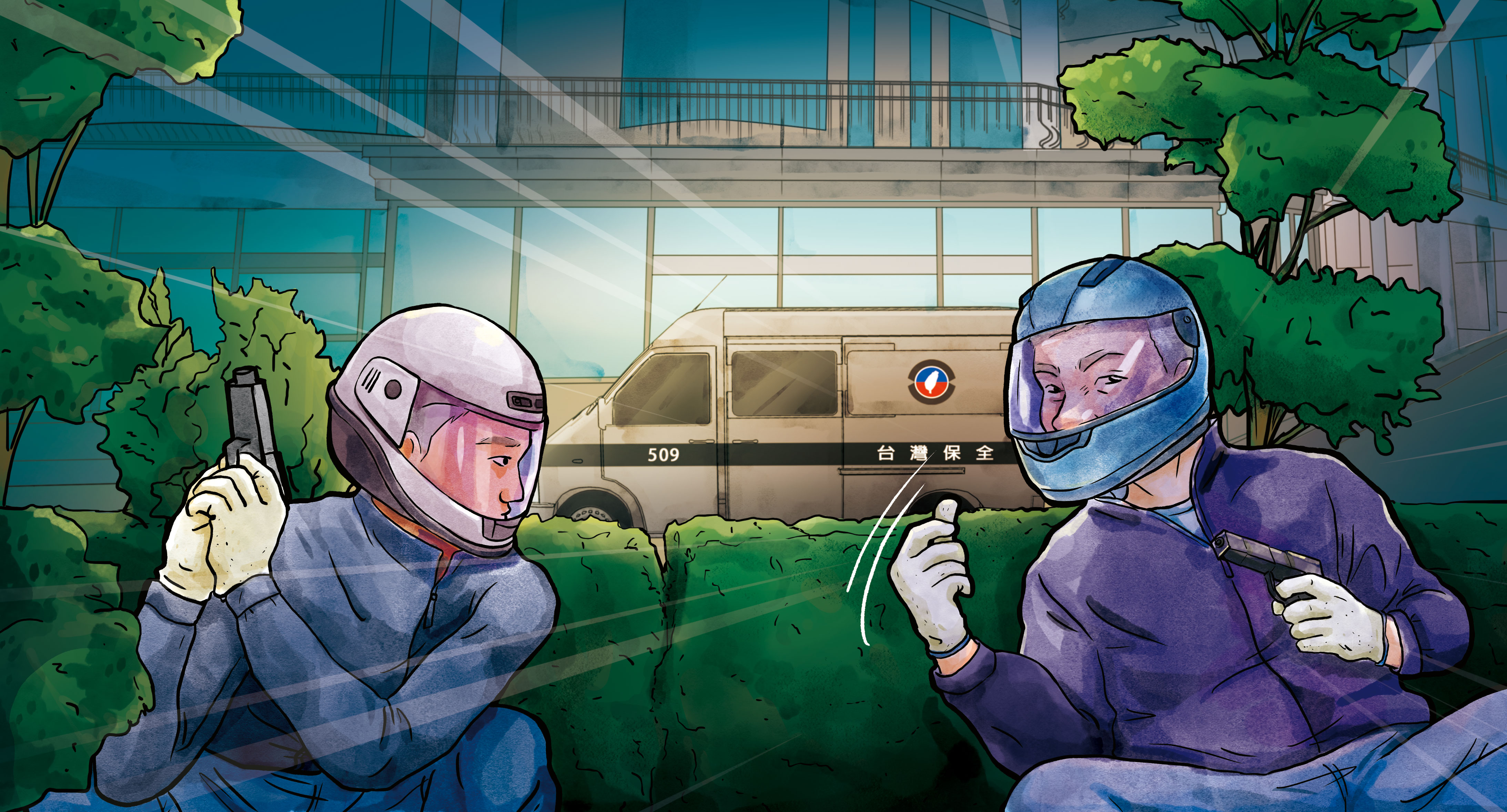 張鎮棋等人頭戴安全帽持槍埋伏在台北高爾夫球場外，殊不知犯罪計畫早被警方掌握。