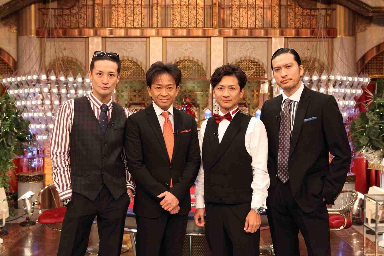 TOKIO在山口達也退出後剩4名成員，在城島茂（左二）結婚後，單身漢就剩下松岡昌宏（左一）與長瀨智也（右一）了。（網路圖片）