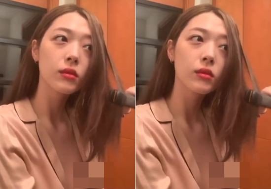 雪莉昨在直播中整理頭髮時，意外走光。（翻攝自Sulli Instagram）